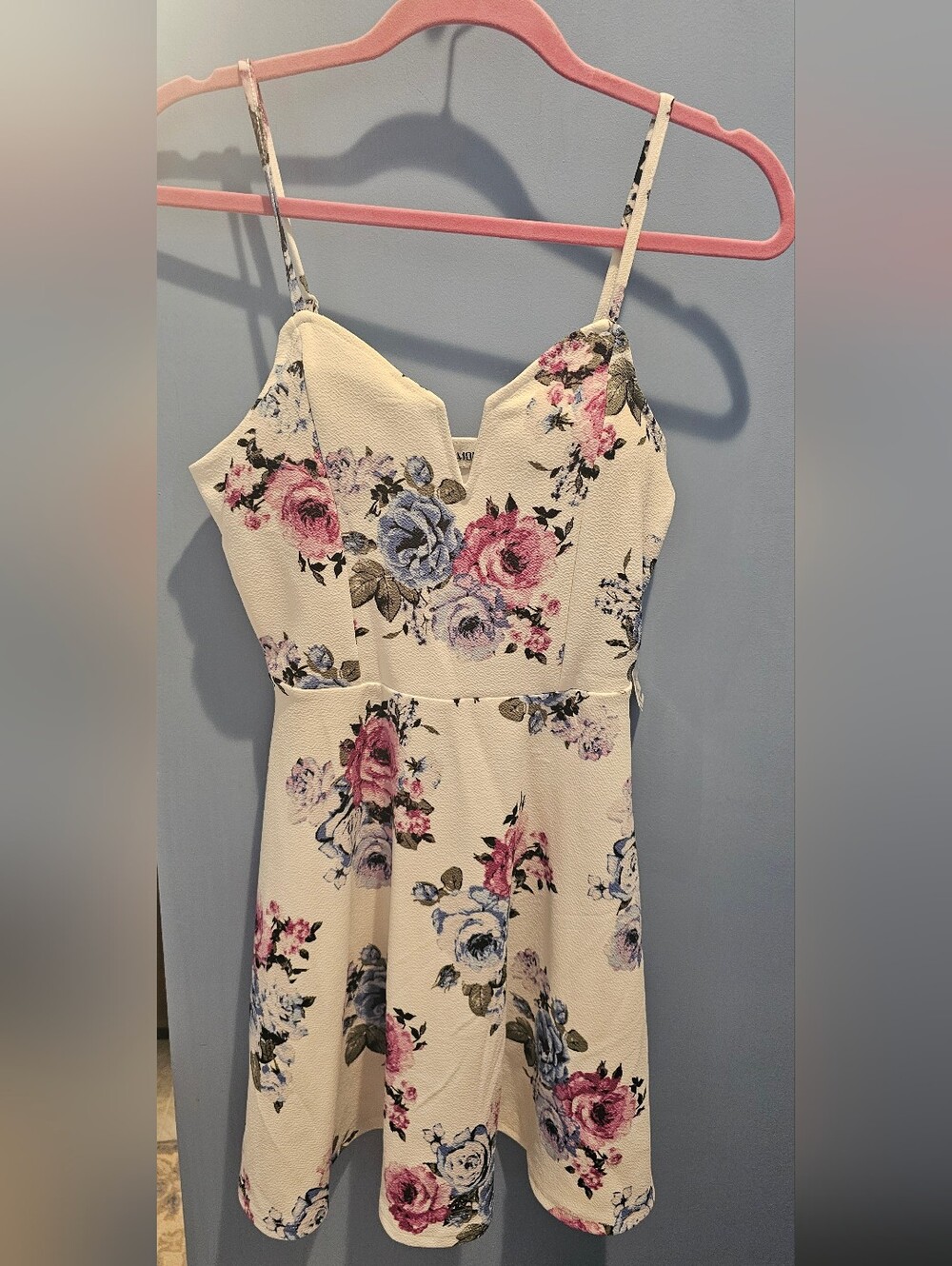 NWT Almost Famous Cream Mini Dress with Pink & Blue Floral Print